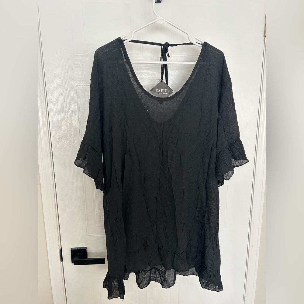 Zaful Black Sheer V-Neck Ruffle Cover-Up
